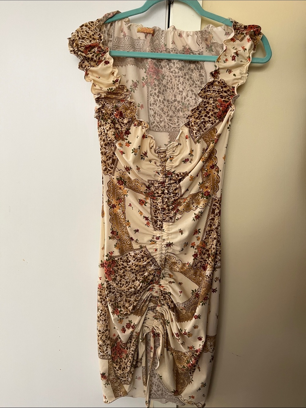 Ivory Floral Ruched Midi Dress with Tie Front